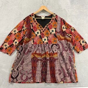 Ulla Popken  Tunic Top Blouse Women 24/26 Boho 3/4 Sleeve Artsy Paisley Mature‎